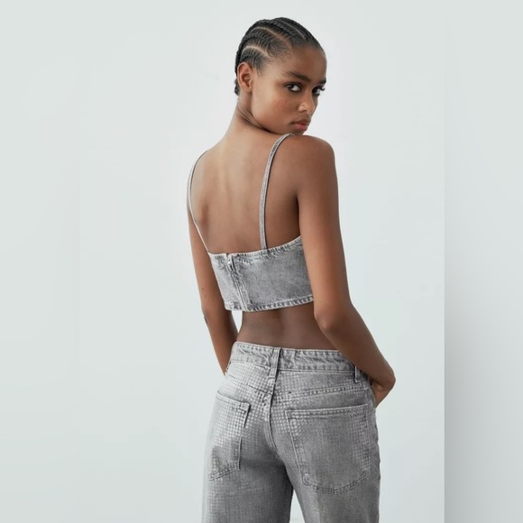 NWOT Zara Sequins Denim Bandeau Top - Picture 3 of 7